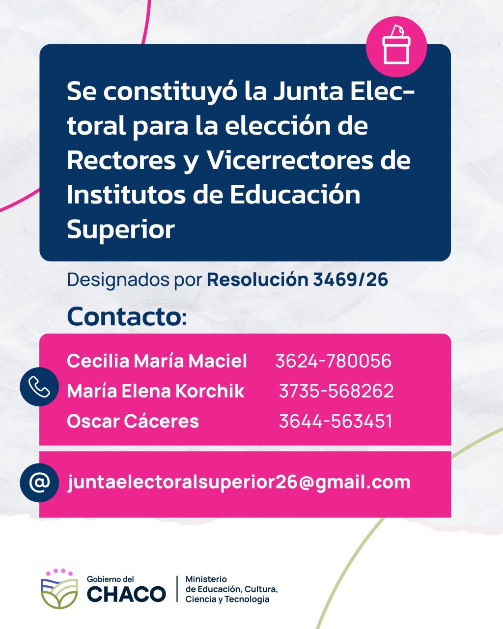 *EDUCACI&Oacute;N CONFORM&Oacute; LA JUNTA ELECTORAL DOCENTE PARA LA ELECCI&Oacute;N DE RECTORES DE INSTITUTOS DE NIVEL SUPERIOR*